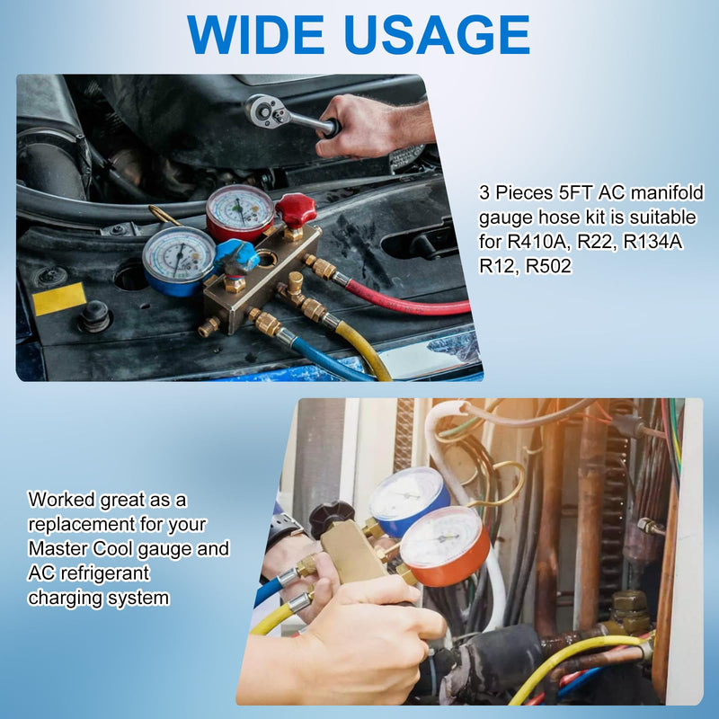 3 Pieces AC Manifold Gauge Hose Kit, R410A Refrigerant Charging Hoses 1/4 SAE, 5FT AC Manifold Gauge Hose Kit for R134A R410A R22 R404A, A/C Charging Hose 60‘’