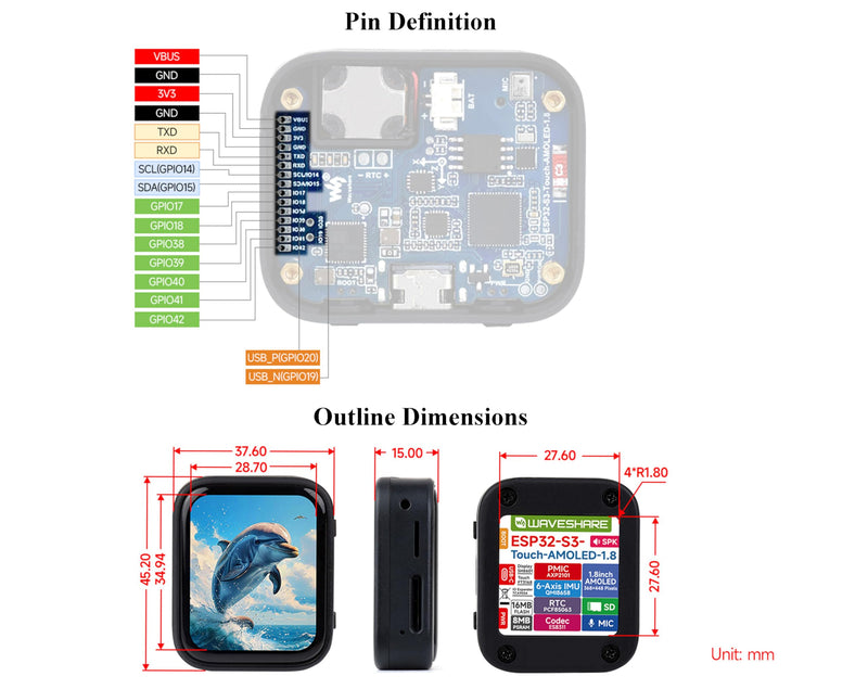 ESP32-S3 1.8inch AMOLED Touch Display Development Board, 32-bit LX7 Dual-Core Processor, 368×448 Pixels, Onboard Audio Codec, Support Offline Speech Recognition and AI Speech Interaction