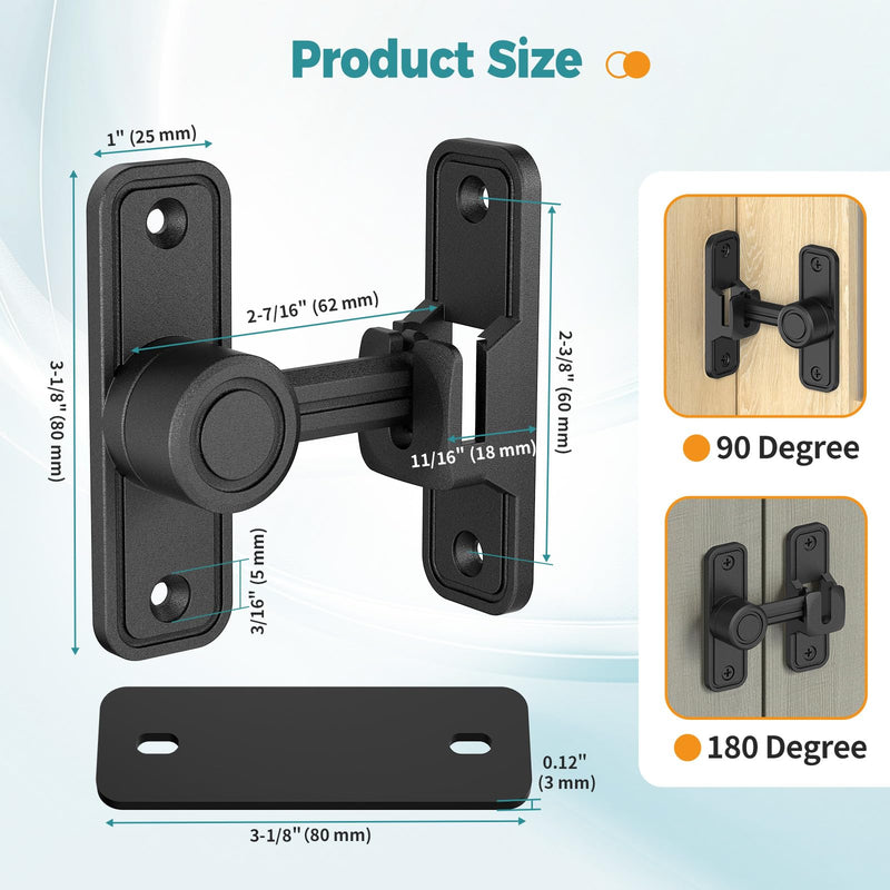 Barn Door Lock- Heavy Duty Zinc Alloy 90/180 Degree Sliding/Swing Door Latch for Barn, Gate, Screen, Fence, Cabinet (Black-2 Pcs) Black-2 Pcs