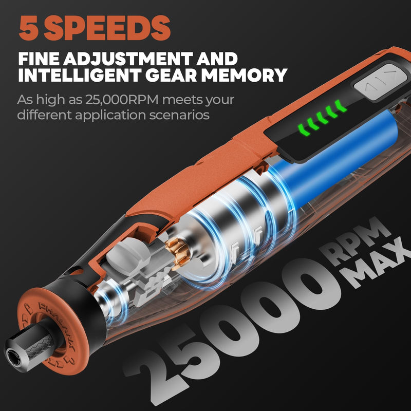 Rotary Tool - 4V Rotary Tool Cordless, Rotary Tool Accessories 64 PCS 2500mAh Battery, Preset 5 Speed Adjustment Grinder Tool for Cutting Sanding Carving Polishing Engraver DIY Crafts (Orange) Orange
