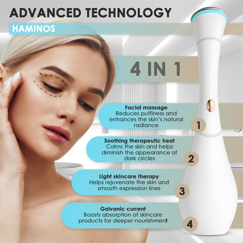 Eye Massager Wand with Heat, Vibration & Red/Blue Light, Ionic (Galvanic) Skincare Absorption, USB‑C Rechargeable with Charging Base, Helps Reduce the Look of Puffiness & Dark Circles