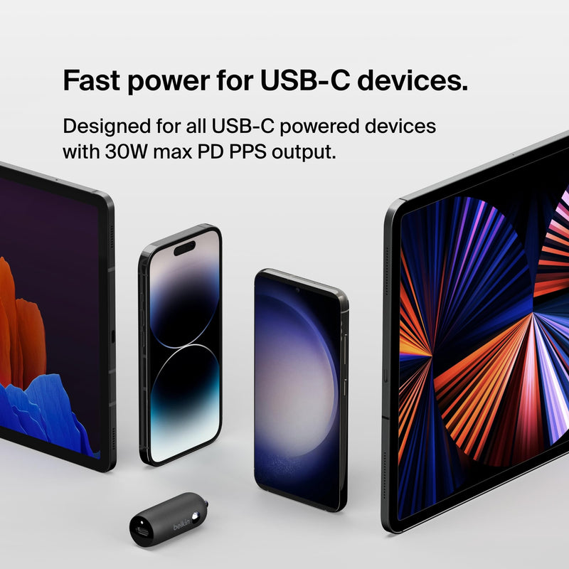 Belkin BoostCharge 30W USB-C Car Charger with USB-C Cable | Compact fast charging, USB-C Power Delivery, for iPhone 16, iPhone 15, Galaxy S25, Pixel 9, Nintendo Switch 2 54mm x 20mm Charger + USB- C Cable