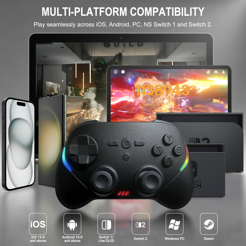 Joso Mobile Gaming Controller, Wireless Game Controller for iPad/Tablet/iPhone/Android/Switch/Switch 2/Lite/OLED/PC, Handheld Gamepad with Hall Effect Joysticks/Triggers/6-Axis Gyro - Black
