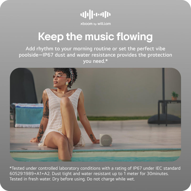 LG xboom Mini by will.i.am Portable Outdoor Bluetooth Speaker, up to 10 Hours, IP67 Dust and Water Resistant, Adjustable Hanging Strap, Warm Grey