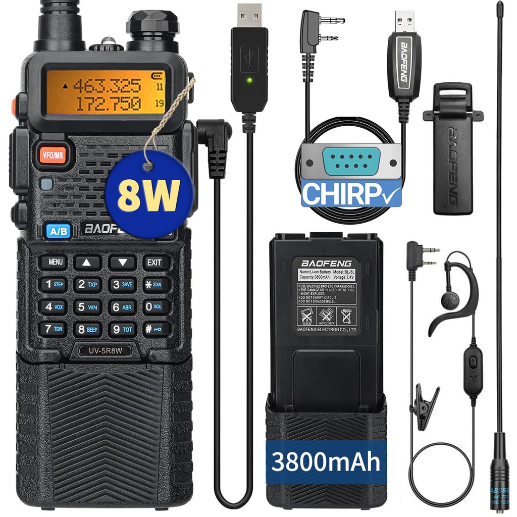 Baofeng UV-5R 8W Ham Radio Long Range Handheld VHF UHF High Power Two Way Radio Dual Band 3800mAh Li-ion Battery Walkie Talkie with Programming Cable Full Set