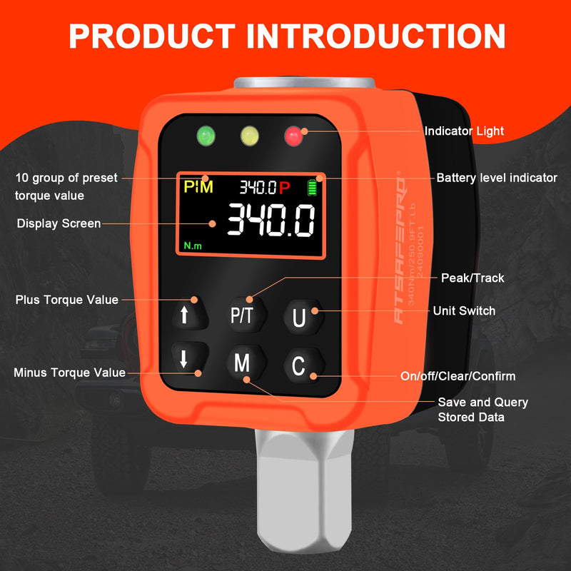 1/2" Digital Torque Adapter - 12.5-250 Ft-Lb, Converts Any 1/2" Ratchet tool to Torque Wrench, Electronic Torque Converter with 3/8" & 1/4" Adapters, Buzzer & LED Alerts, for Bike, Motorcycle & Car 1/2-Inch 12.5-250 Ft-Lb