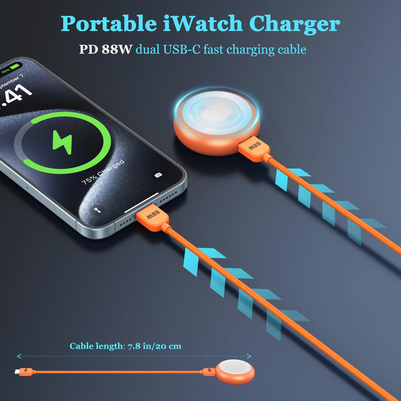 【5W】 Magnetic Charger for Apple Watch 11, 88W Cable iWatch Charger Adapter | Portable Wireless Charger ,Compatible with Apple Watch Series 11/10/9/8/7/6/5/4/3/2/SE/SE2/Ultra2/Ultra，NO Battery ,Orange Orange