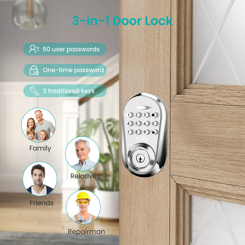 Keyless Entry Door Lock, Keypad Smart Deadbolt for Front Door, Electronic Keypad Code with Auto Lock, One-Time Code, Anti-Peeping Password, Easy Installation, Silver