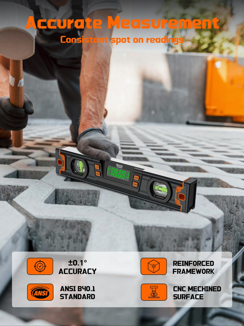 Mecurate 10-Inch Digital Level, Portable Electronic Angle Finder with Backlit Display, ±0.1° Accuracy, Magnetic Base, 4 Measurement Units, Compact Torpedo Smart Level Tool for DIY & Professional Use Orange