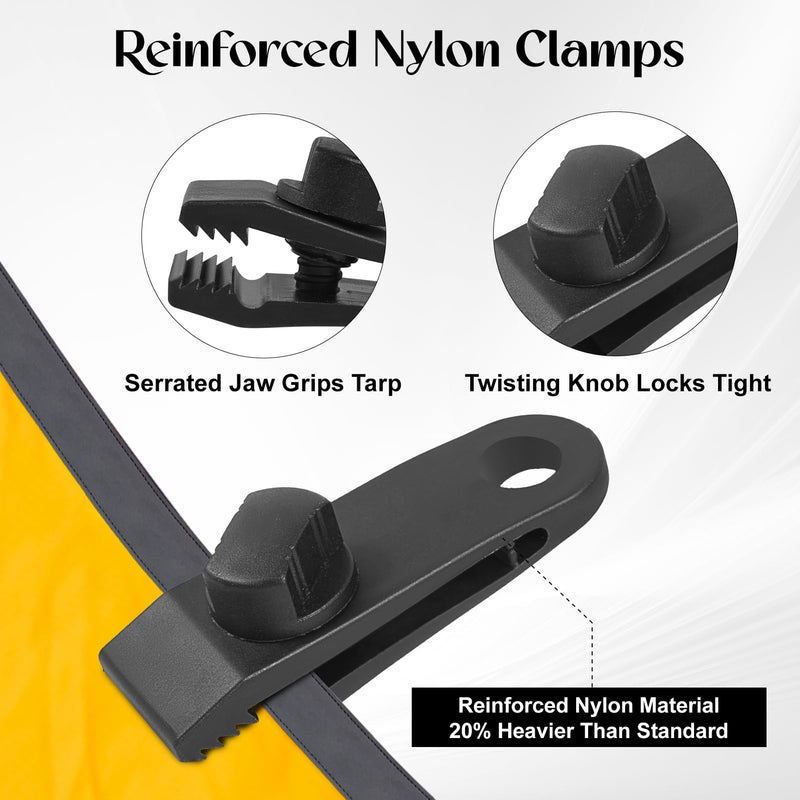 8 Reinforced Nylon Tarp Clips with 8 Bungee Cords (10" & 18"). Heavy Duty Lock Grip for Tent, Car & Pool Awning Cover. Canopy Clamps.