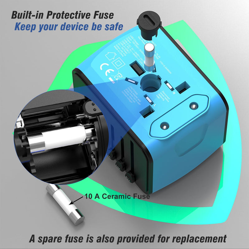 Travel Adapter Worldwide, Universal International Power Plug Adapter W/2.4A 3xUSB-A and 3.0A Type-C Wall Charger, European Travel Plug Adapter for Europe UK EU US CA AU Italy Asia-Blue 3A+1C ( Blue )