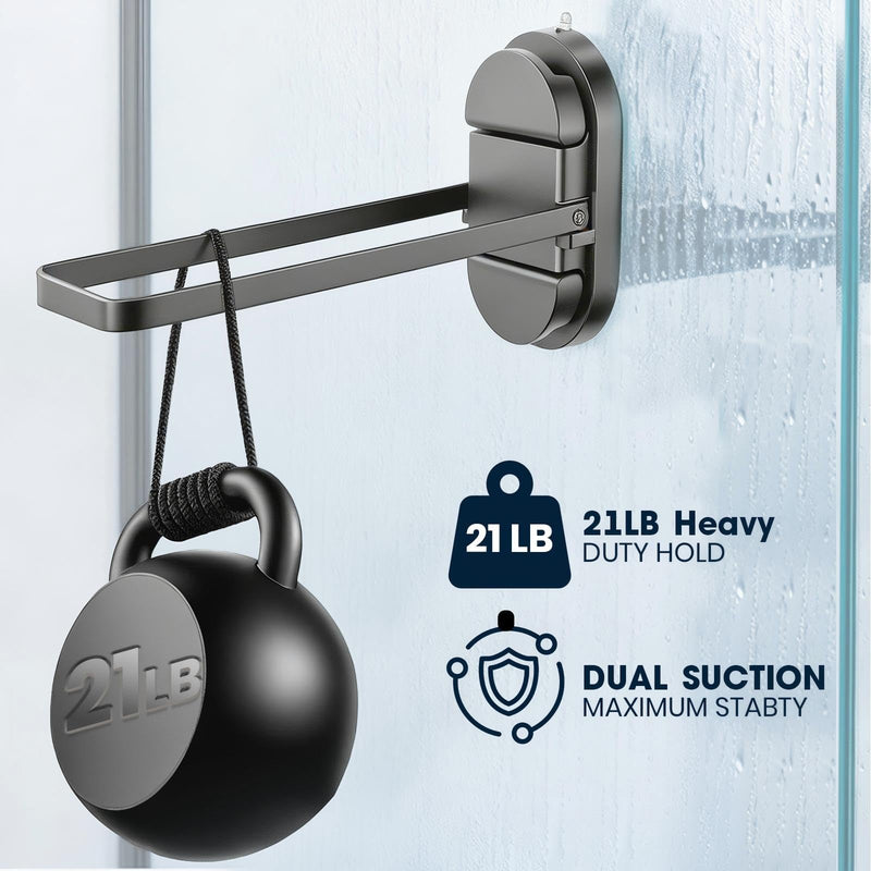 Foldable Suction Towel Bar, No Drill Stainless Steel | Heavy-duty bathroom towel holder for towels and robes. Fits tile, glass, mirrors & RV. Reusable, rustproof and residue-free Silver Black
