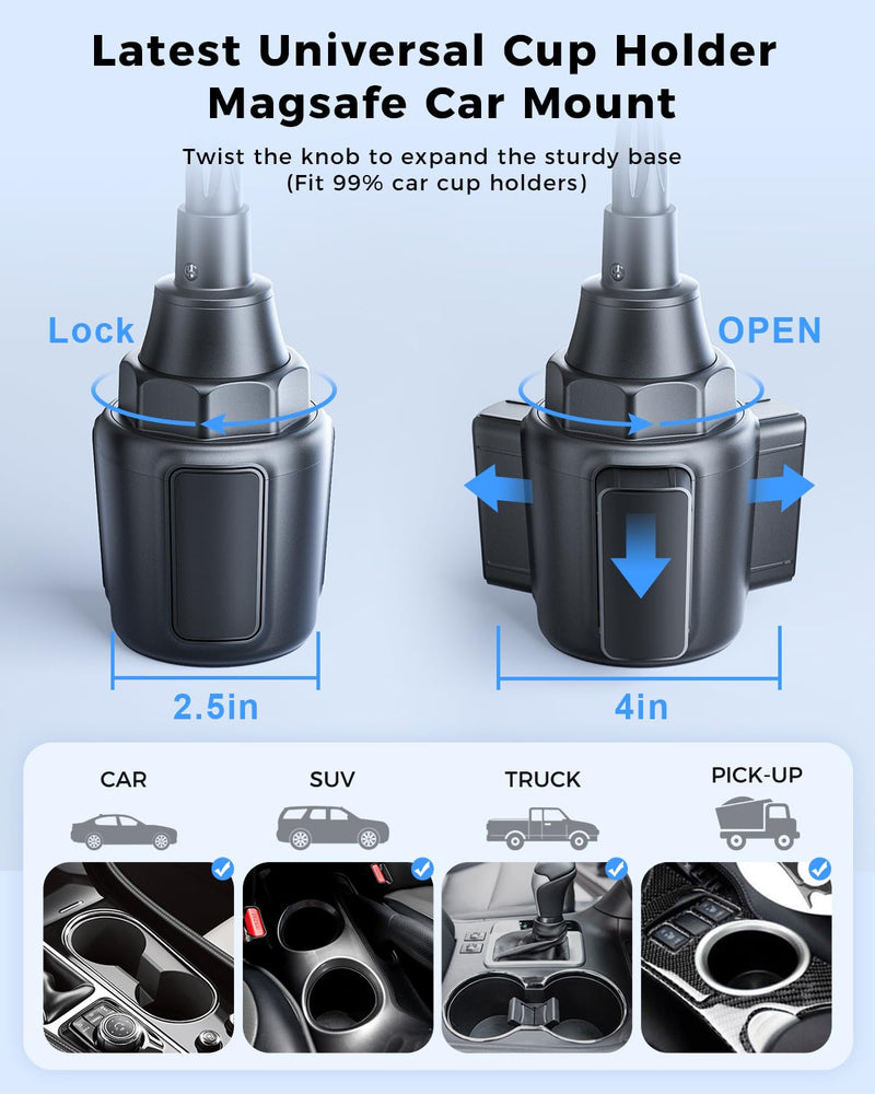 15W MagSafe Car Charger Cup Holder Mount for iPhone | MagSafe Car Mount Charger 15W Fast Charging with Adjustable Gooseneck for iPhone 17 16 15 14 Pro Max Plus Mini MagSafe Case