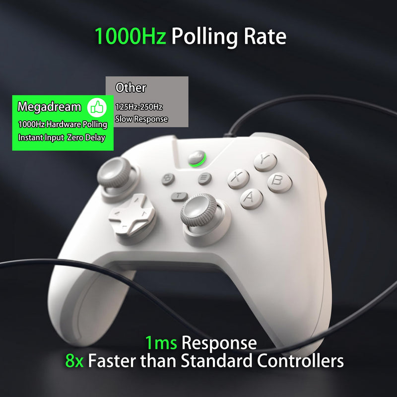 Megadream Wired Controller for Switch 2|1/PS4/PS3/PC/Android Gaming Controller, 1000Hz Polling Rate, 2M USB Cable, USB -C Adapter, Ergonomic Gamepad Joystick with Turbo Function, Dual Vibration, White