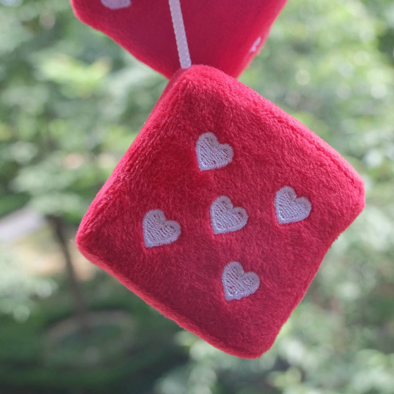 Pair 3” Fuzzy Plush Dice Heart Shape Decor for Car Rearview Mirror, Retro Square Decoration Dice for Car Hanging Accessories (Black-Red) Black-red