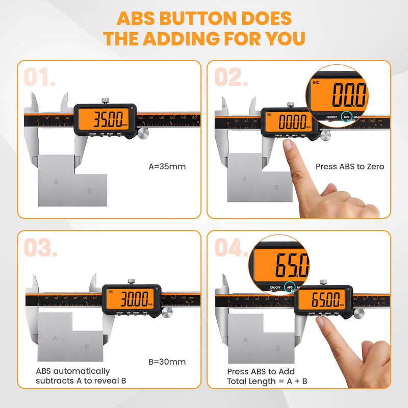 HARDELL Digital Caliper, Rechargeable Calipers with Large Orange Screen, Anti-Glare LCD & ABS Function, in/MM Caliper Measuring Tool, Stainless Steel Micrometer -Auto Off for DIY/Household (6 Inch)