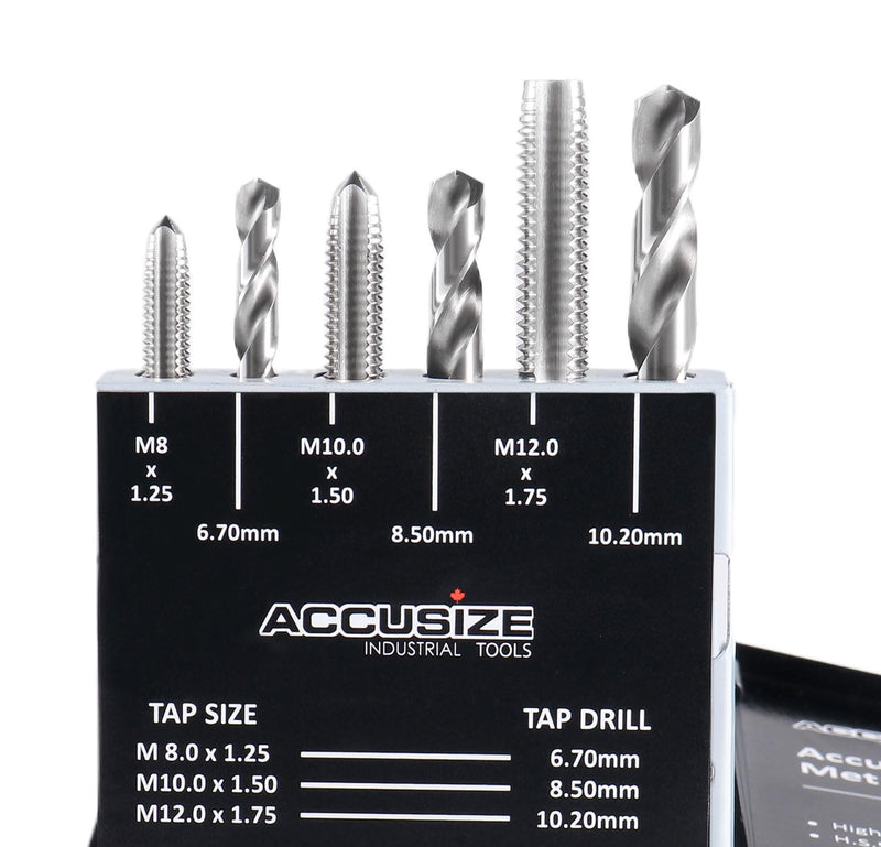 Accusize Industrial Tools HSS Tap and Drill Set, Metric, 18 Pc, 0001-0052 | 18 Pc HSS Tap and Drill Set, Metric, Taps: M2.5x0.45 to M12x1.75, Drills: 2.05 to 10.20 mm, Fully Ground