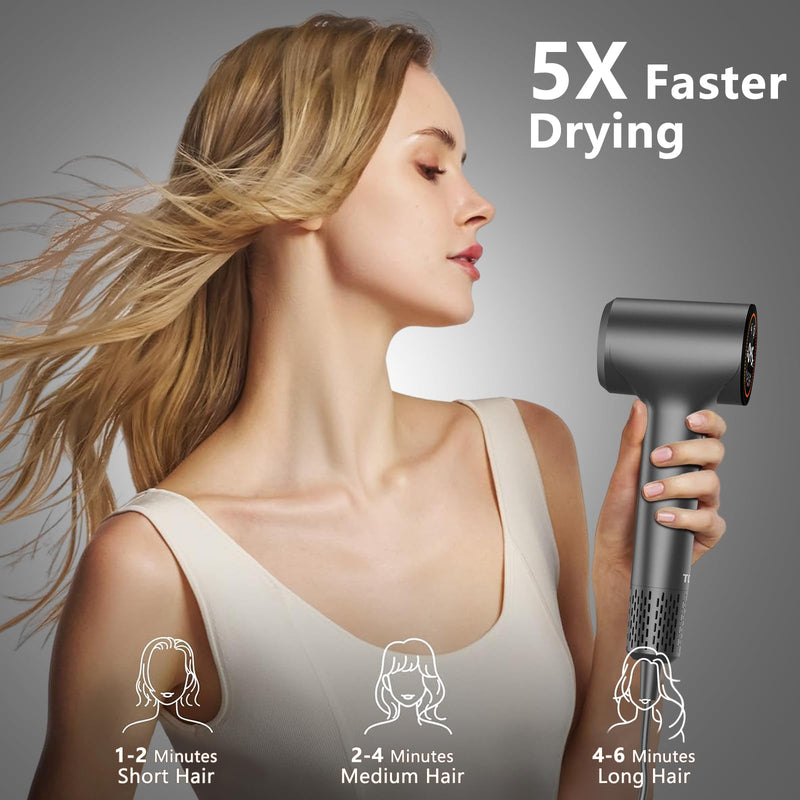 TQQ Hair Dryer, 400 Million Plasma Ionic Hairdryer, 110, 000 RPM High Speed Brushless Motor Blow Dryer for 2min Fast Drying, 57dB Low Noise Travel Hairdryers for Women and Men Charcoal Gray
