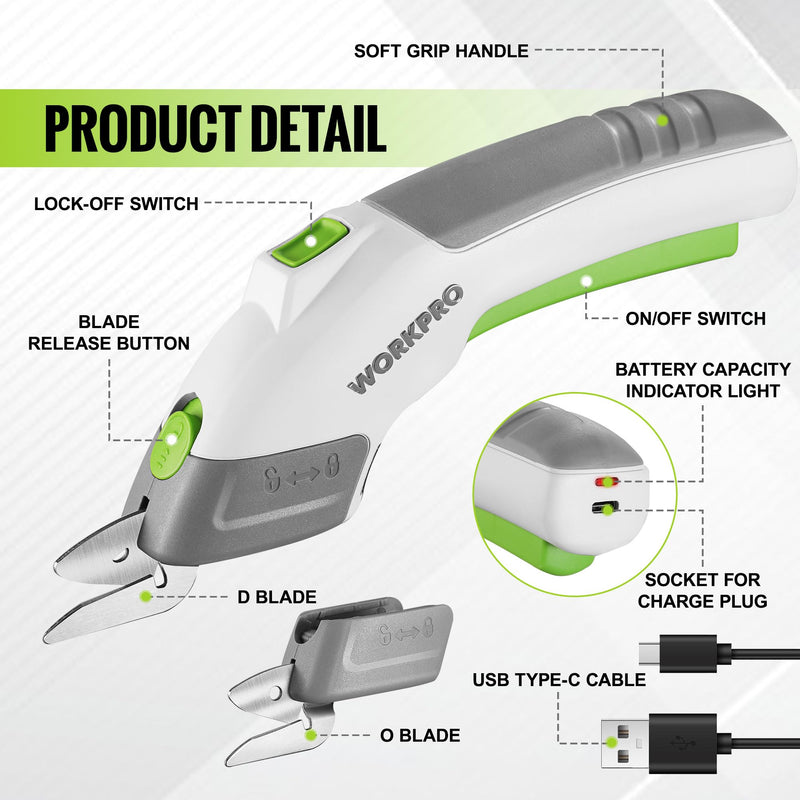 WORKPRO Cordless Electric Scissors with 2 Blades, 4V Rechargeable Powerful Shears Cutting Tool for Fabric, Leather, Carpet and Cardboard, Power Shears for Sewing, Scrapbooking, Crafting