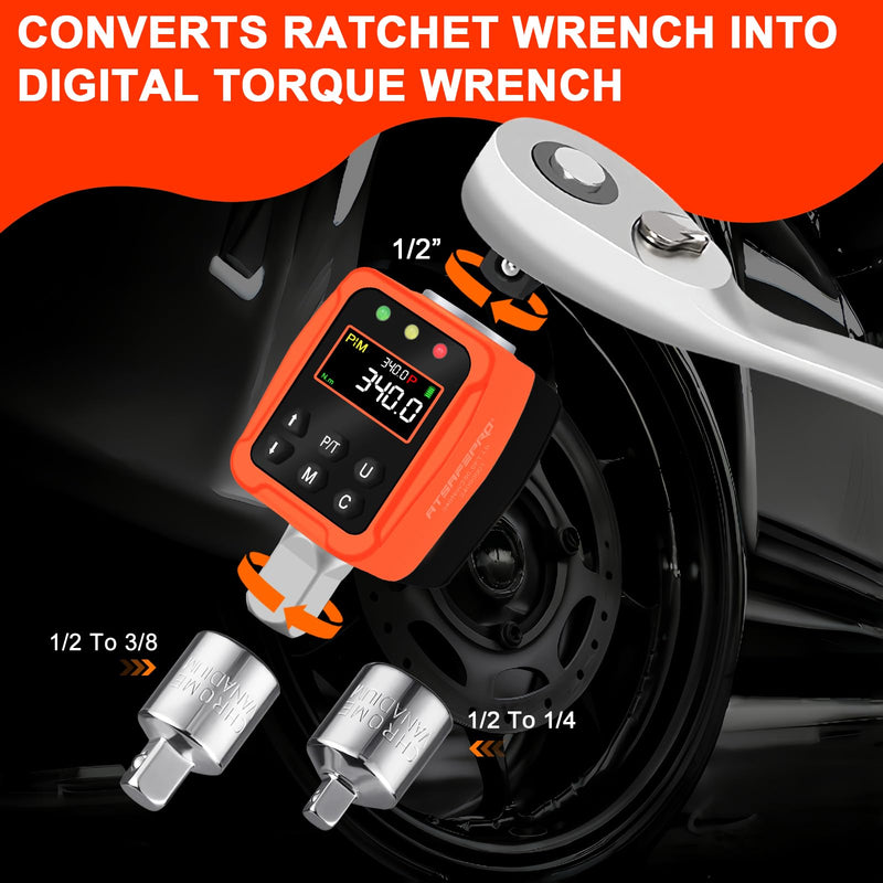 1/2" Digital Torque Adapter - 12.5-250 Ft-Lb, Converts Any 1/2" Ratchet tool to Torque Wrench, Electronic Torque Converter with 3/8" & 1/4" Adapters, Buzzer & LED Alerts, for Bike, Motorcycle & Car 1/2-Inch 12.5-250 Ft-Lb