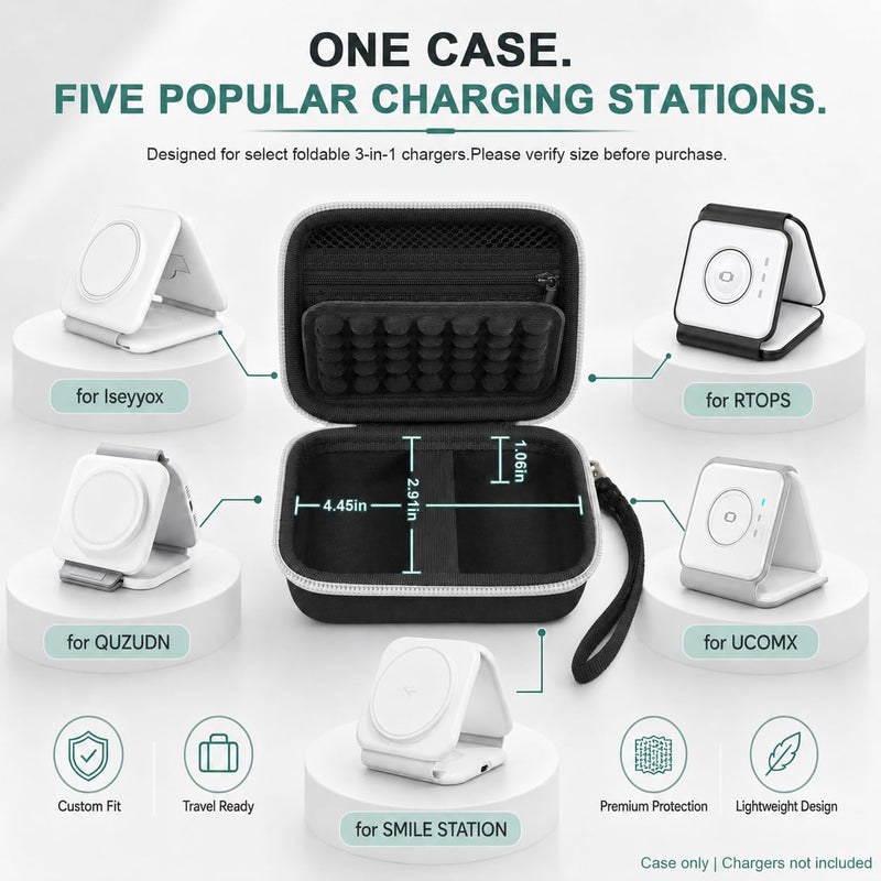 Hard Travel Case for Iseyyox for RTOPS for QUZUDN 3 in 1 Wireless Charger | for Ucomx,for SMILE Foldable Charger Station,Hard Shell,Padded Interior,Mesh Pocket,Elastic Strap,Wrist Strap Case Only Black