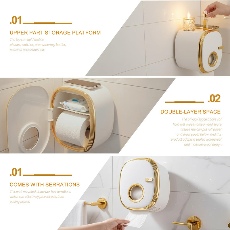 Adhesive Wall Mounted Toilet Paper Holder for Bathroom, Double Layer Space-Saving Organizer with Sealed Enclosed Design, No Drill Installation - White Gold