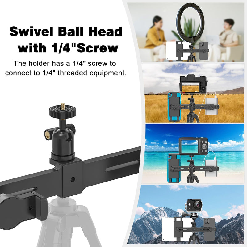 iPad Tripod Mount Adapter, Universal iPad Holder for Tripod with Swivel 1/4" Ball Head for LED Ring Light, 2 Tripod Mount Adapter for iPad Pro, iPad Air, iPad Mini, 4.7-12.9" Tablets Smartphones