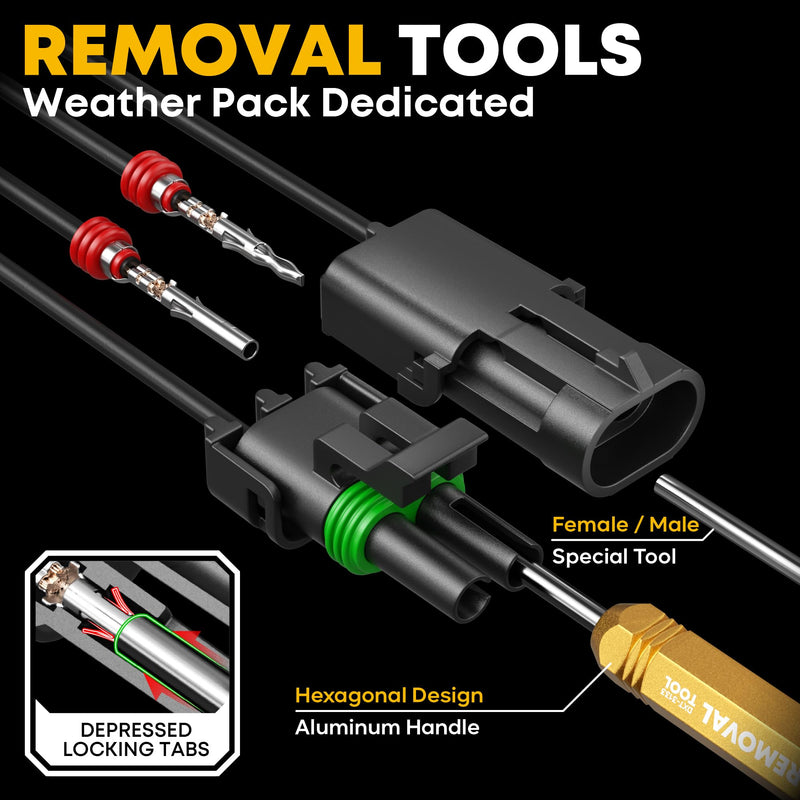 Weather Pack Connectors Crimping Tool Kit, 1–4 Pin Automotive Connector Set with Ratcheting Crimper 22–12 AWG & Extraction Tool, for Harness Repair, Compatible with Delphi/Aptiv Weather Pack 1-4 Pin | 22-12 AWG