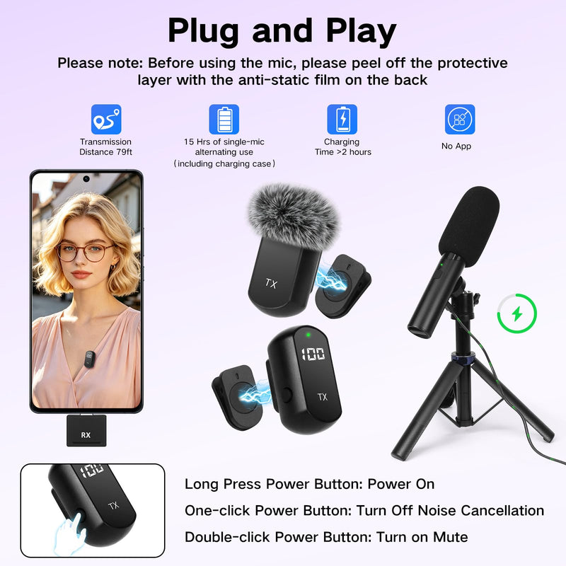 4-in-1 Mini Wireless Lavalier Microphone & Desk Stand,Interview Microphone for iPhone/Android/Tablets,Mini Mic with Charging Case for Podcast,Streaming