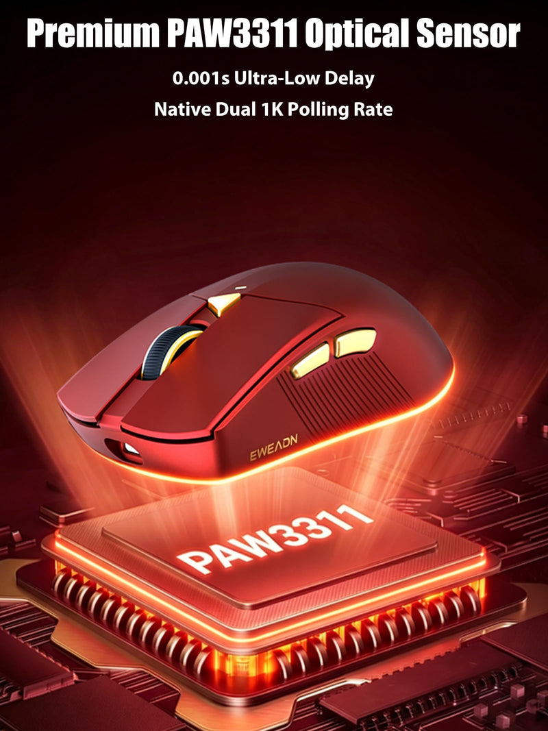 Wired/Wireless Gaming Mouse, Tri-Mode 2.4G/BT/USB-C, PAW3311 Sensor | 12800 DPI, Dual 1K Polling Rate, 62g Lightweight, 800mAh, Macro Programmable, Ergonomic Mouse for Win/Mac/PC/Laptop, Red