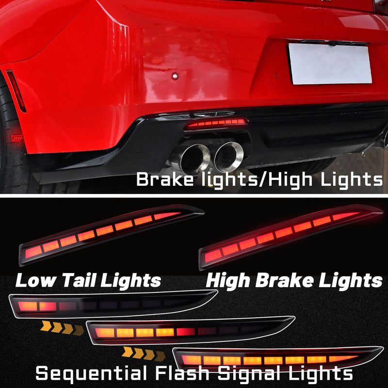 Smoked LED Rear Bumper Reflectors Fog Brake Tail Light Lamps Compatible with Chevy Camaro GEN6 2016-2024 Cadillac ATS XT5 Pontiac Turn Signal Kits (SMOKED) SMOKED