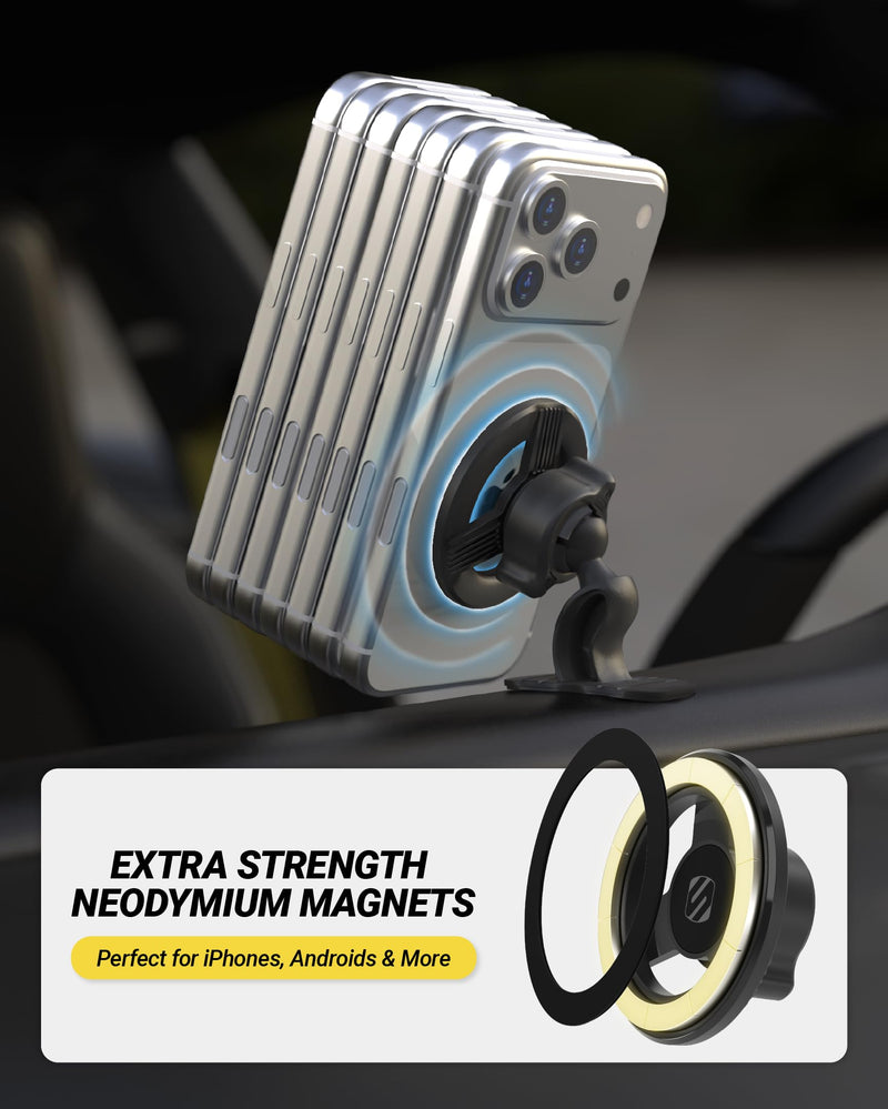 Scosche MagSafe Car Mount, Magnetic Dashboard Phone Holder for Car with 3M Adhesive Base, Strong Magnet Hold, 360° Rotatable Cell Phone Car Mount for iPhone 17/16/15/14/13/12, Includes Magnetic Ring 1 Pack Dash