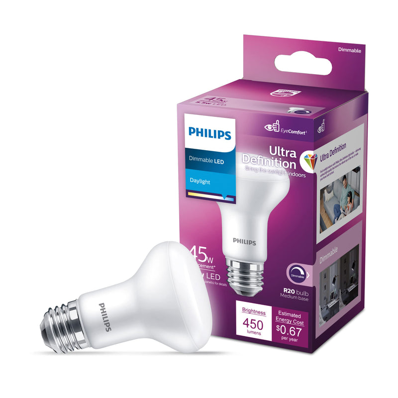 PHILIPS LED 45W R20 4-Pack Ultra Definition Daylight (5000k) 450 Lumen (5.5W = 45W) Dimmable Frosted Flicker-Free Light Bulbs Daylight (5000k)
