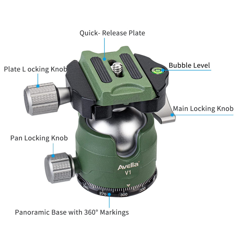 Avella V1 DSLR Camera Tripod Ball Head 38MM, 360 Degree Swivel,U-Shaped Groove Design, for Canon Nikon Sony Olympus Panasonic DSLR Camera-Green