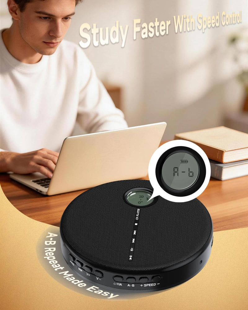 Portable Bluetooth CD Player with Anti-Skip, Stereo Speakers & Headphones | A-B Repeat, PROG Memory, 10 Playback Speeds, AUX input, Small Personal Walkman CD Players for Home, Car & Travel, Ideal Gifts
