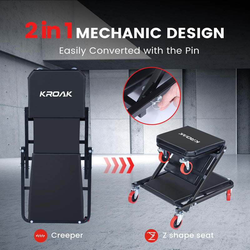 Creeper, 36 Inches 2 in 1 Z Creeper Seat 330 lbs Capacity Garage Chair Adjustable Rolling Folding Car Creeper with 6 pcs Wheels,Lay Down or Sit for Garage, Shop, Auto Repair Black 36"
