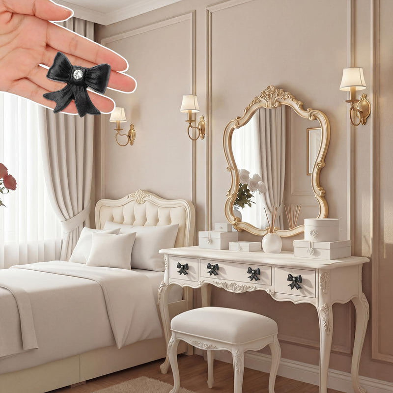MorningRo 8 Pcs Black Bow Dresser Knobs with Diamond Small Coquette Decor Back to School Cast Iron Drawer Cabinet Knobs for Dorm Girly Bow Drawer Pull Handles for Women Girls Vanity Wardrobe Bedroom