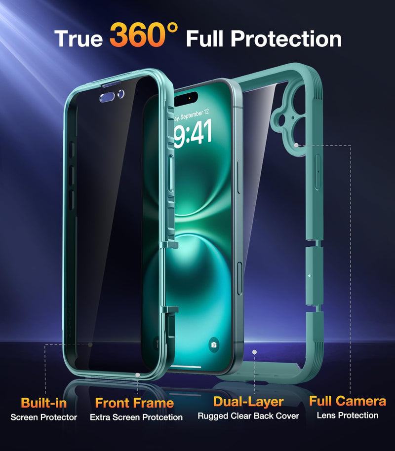 Diaclara Designed for iPhone 16 Case 6.1 Inch,Upgraded [Full Camera Protection] Full Body Rugged Clear Bumper Case with Built-in Privacy Screen Protector for iPhone 16,Green Dark Shadow Teal