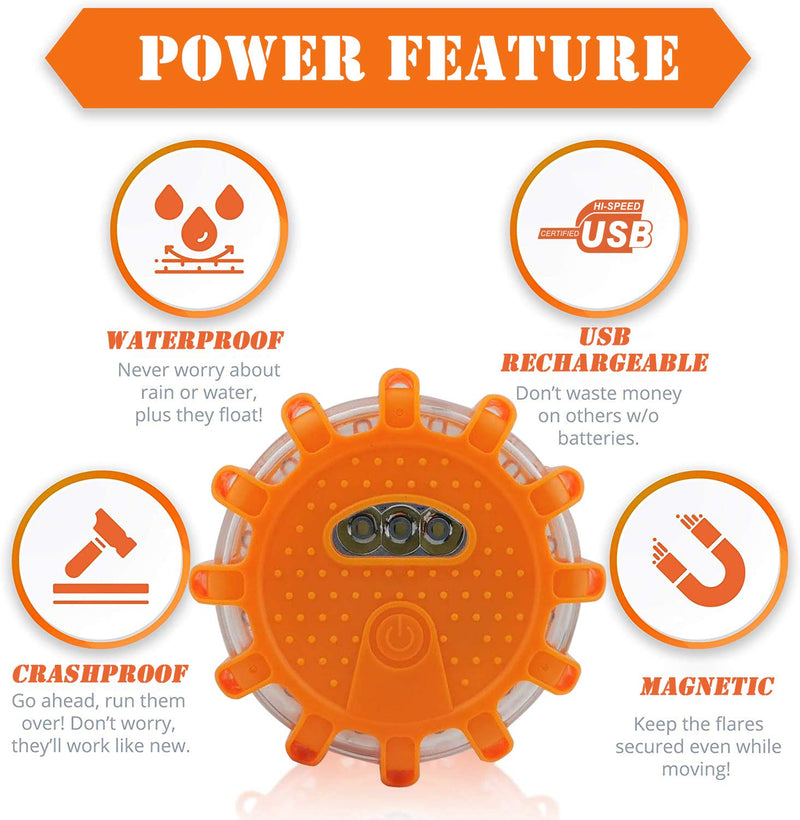 USB Rechargeable LED Road Flares Emergency Lights-Roadside Warning Car Safety Beacon Flashing Disc Flare Kit with Magnetic Base for Vehicles & Boat | 3 Beacon Disc Pack