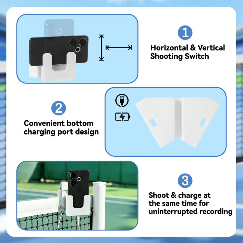 Tennis Net Phone Holder, 3D Printed Dual-View Camera Mount (White) | 30° Golden Angle | Dual Holders Simul Rec | Charging Port Cutout | Landscape & Portrait Switch | Dual Triangle Storage Slots