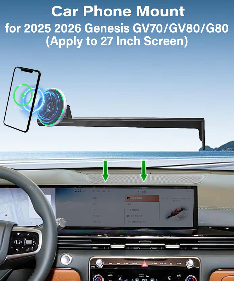 Car Phone Mount for 2025 2026 Genesis GV70/GV80/G80 Accessories | 27-in Screen Clip-On 360° Rotatable MagSafe 15W Fast Wireless Charger Cell Phone Holder, 3D Fit Navigation Cradle Magsafe+ Wireless Charger fit for 2025 2026 Genesis GV70/GV80/G80(27 Inch)