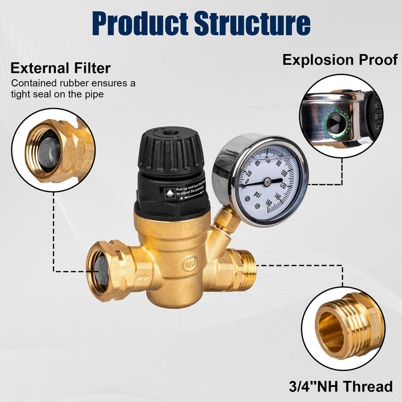 RV Water Pressure Regulator Valve for Camper, Regulate Valves with Strainer, Made of Leadless Brass, RV Water Pressure Regulator with Pressure Gauge