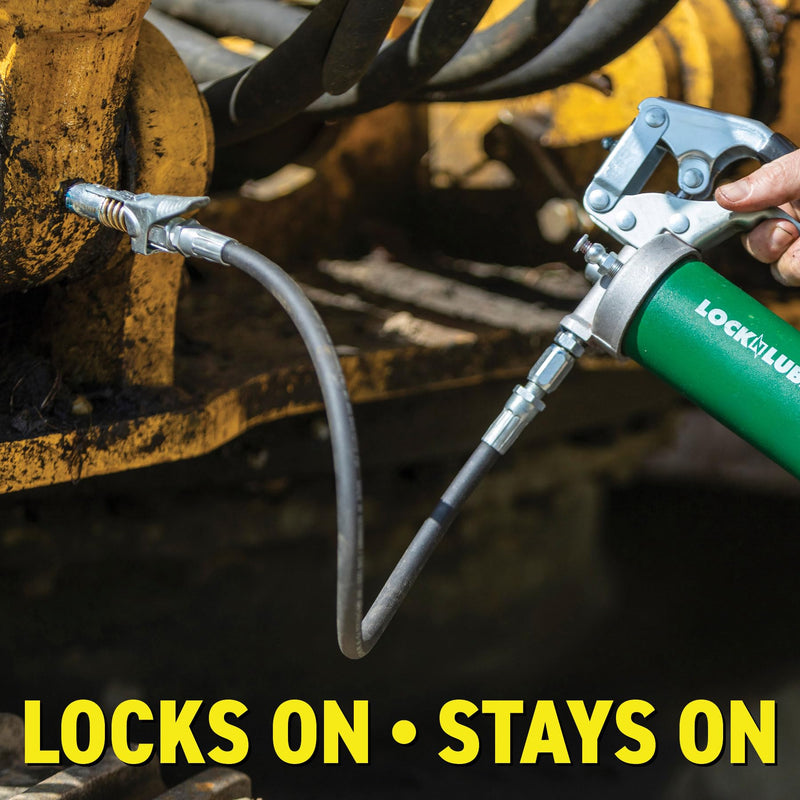 LockNLube Grease Gun Coupler locks onto Zerk fittings. Grease goes in, not on the machine. World's best-selling original locking grease coupler. Rated 10,000 PSI. Long-lasting rebuildable tool. NPT With Spare Rebuild Kit