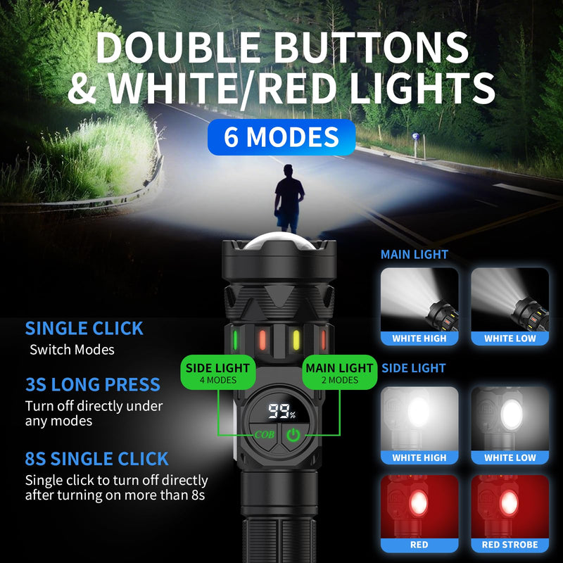 Esgofo Rechargeable Flashlights High Lumens 100000 Long Lasting LCD Display, Super Bright 50W LED, Quick USB C Charge & Output, Double Source & Buttons with Red Light, for Home Camping Hiking 50.0 Watt Hours