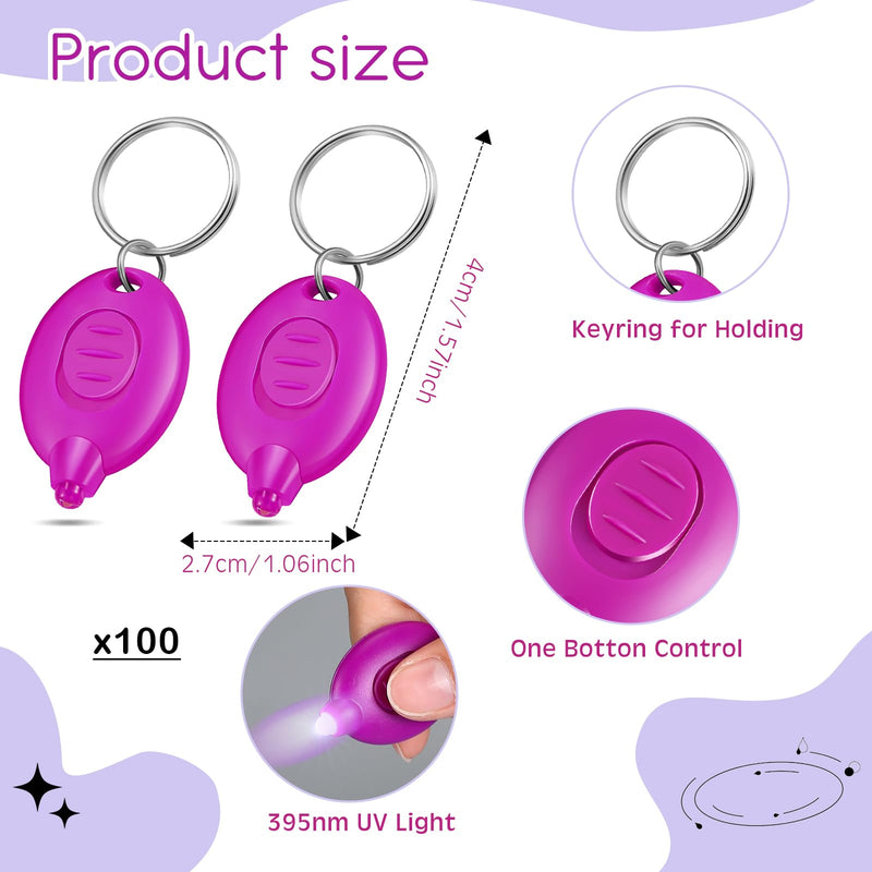 VIHOSE 100 Pcs UV Keychain Light 395nm Mini UV Keychain Flashlight Bulk Portable Tiny LED Light for Stain Detection & Scorpion Finder, Battery Included