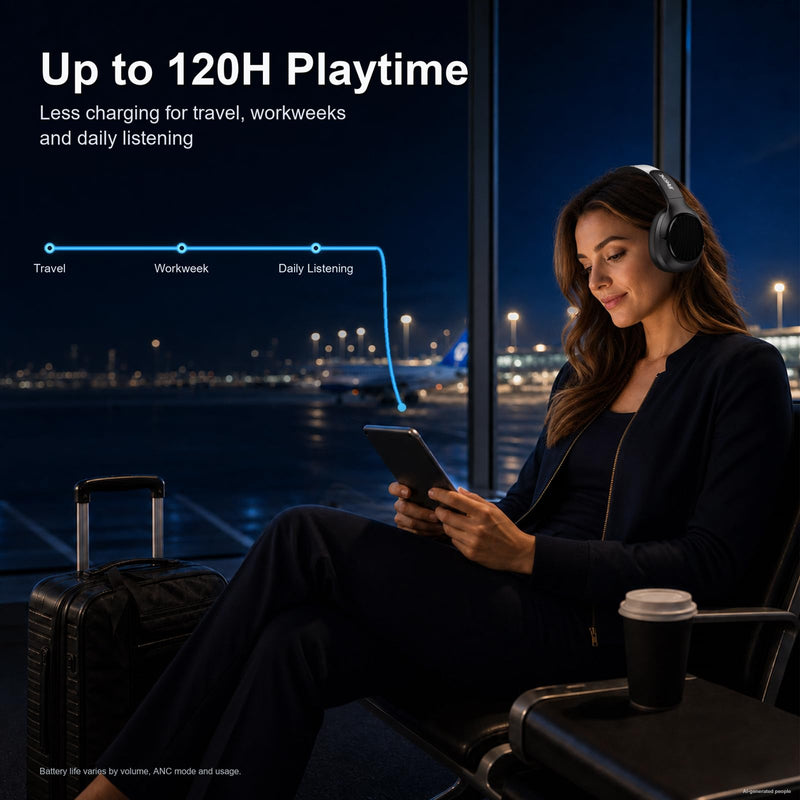 Wireless Noise Cancelling Headphones, 120H Playtime, Over Ear Headphones | 45dB Hybrid active passive noise cancelling headphones, Bluetooth 6.0, balanced sound, soft ear cups, 120H travel office
