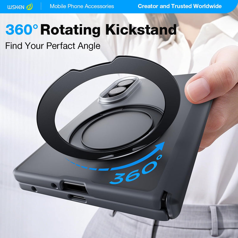 WSKEN Magnetic Case for Samsung Galaxy Z Fold 8-360° Ring Stand Black | MagSafe Compatible, Slim Matte Finish, N52 Magnetic Hold, Daily Drop Protection, Includes 2 X HD Screen Protectors