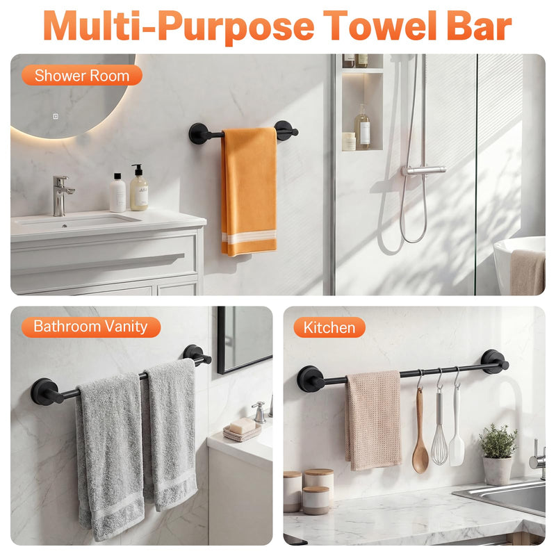 Adjustable Suction Cup Towel Bar for Bathroom Wall, 14.6-24 Inch Stainless Steel No-Drill Suction Towel Bar, Heavy Duty Shower Towel Rack for Bathroom, Glass Door & Tile Wall (Black, 2 Pack) Black