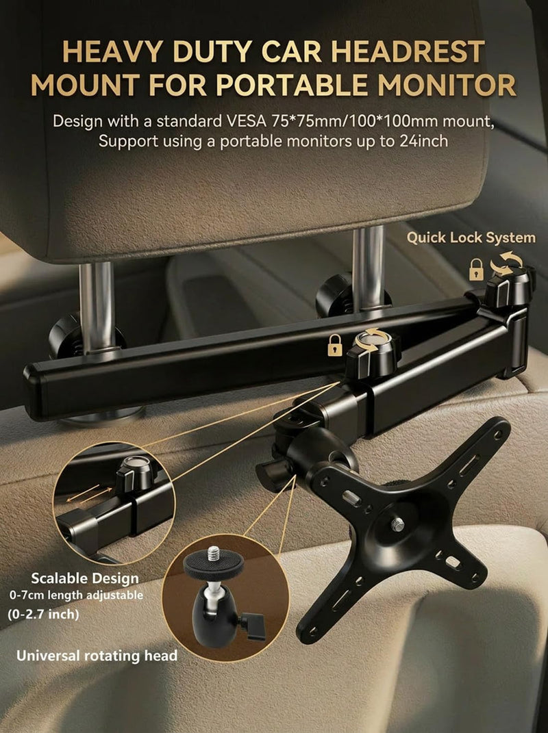 Heavy Duty Car Headrest Mount for 15.6" Portable Monitor, 2-in-1 VESA&Clip Tablet Holder for 4.7-20" Screens, Backseat Gaming Holder Compatible with Monitors, iPad, Stable Road Trip Stand for Kids