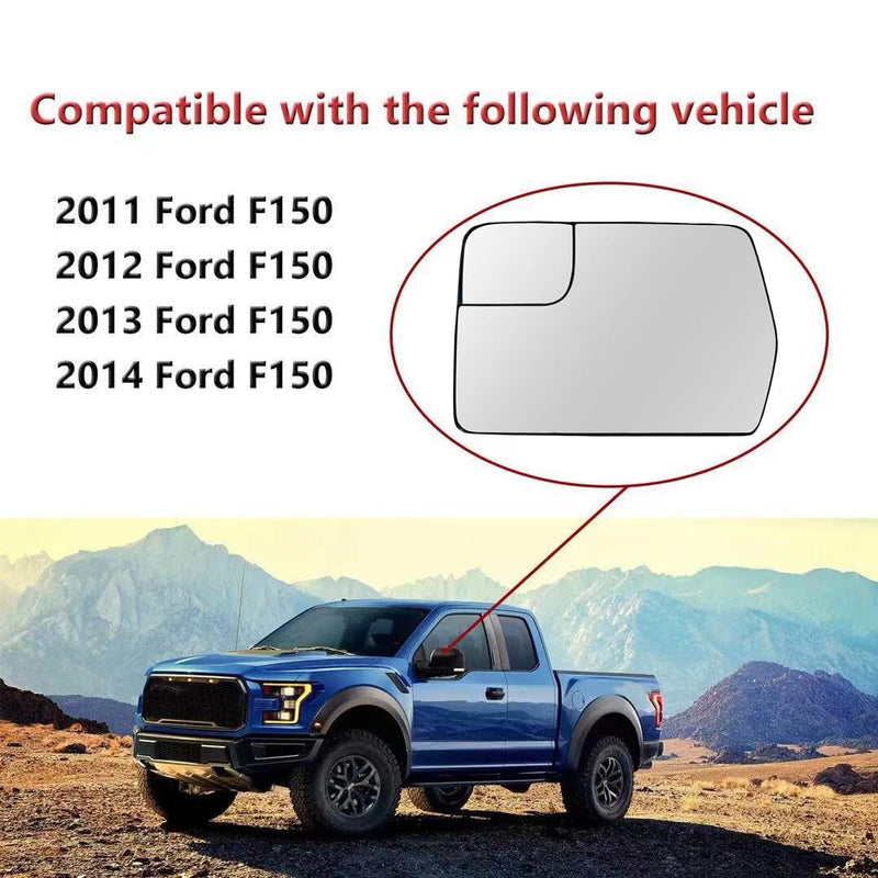 Left Driver Side Heated Mirror Glass Replacement For 2011 2012 2013 2014 Ford F150 - for Ford F150 Side Mirror Glass With Rear Holder - Replace BL3Z-17K707-E Left (Driver Side)